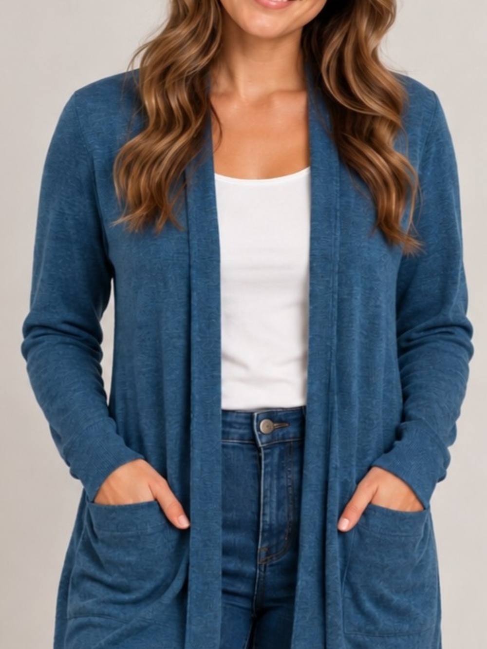 L.L.Bean SoftFlex Long Open Cardigan Women M Teal Blue Modal Pockets